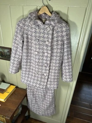 Jaqueta e saia rara vintage Bruce Arnold terno peito duplo lã rosa roxo - Imagem 1 de 4