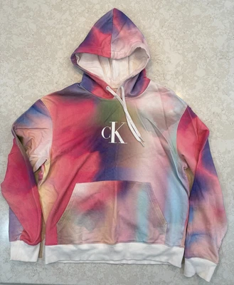 CALVIN KLEIN 彩虹领带 DYE 标志骄傲 PULLOVER HOODIE - 男式小号 - 完好 — 第 1/2 张图片