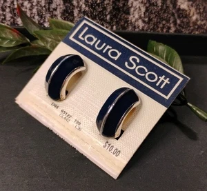 NOS Designer LAURA SCOTT Navy Enamel And Silver Tone Semi-Hoop 7/8" Earrings! - Picture 1 of 6