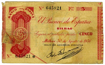 # SPAIN CIVIL WAR 1936 •  5 PTS. BILBAO • EUZKADI ☆ GUERRA CIVIL ESPAÑOLA ☆D0579 - Image 1 of 2