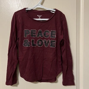 Girls Tshirt Sz 7/8 Member’s Mark Peace & Love Burgundy Black Long Sleeve - Picture 1 of 3