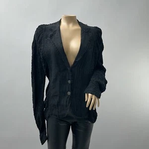 Chico's Vtg Top Women 1 / M Black Embroidered Button Up Shirt Jacket Crinkle - Picture 1 of 11