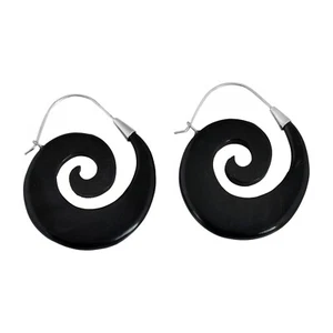 Artisan Crafted Sterling Silver Ebony Wood Spiral Hoop Jewelry Earrings - Picture 1 of 4