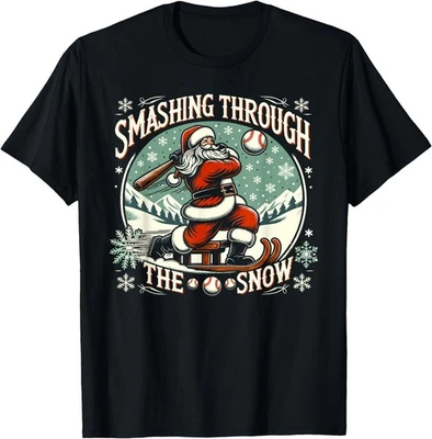 Jugador de Béisbol Navidad Papá Noel, Smashing Through The Snow Camiseta, Camiseta Unisex Foto 1 de 4