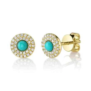 14K Yellow Gold Diamond Turquoise Stud Earrings 0.41 CTW Round Cut - Picture 1 of 4