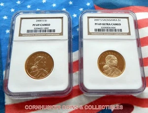Pair of 2000 S and 2007 S SACAGAWEA DOLLARS NGC PF 69 CAMEO - Picture 1 of 2