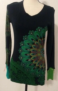 desiqual, Ladies Top Ribbed V neck Sz M Navy Blue MULTI, Full Sleeves - Picture 1 of 11