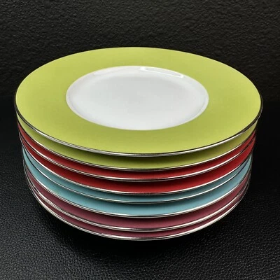 8 Crate and Barrel Band Platinum Rim Salad Plates Set of 8 Red Blue Green Pink - Image 1 of 4