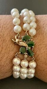 14kt Yellow Gold 7mm Triple Strand Pearl & Jade Bracelet- 7.5 Inches (S308) - Picture 1 of 12