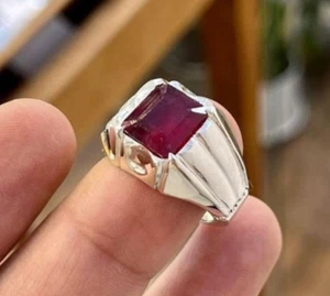 Emerald Cut Ruby Ring, Natural Ruby 925 Sterling Silver Yaqoot Ring For Men - Picture 1 of 4