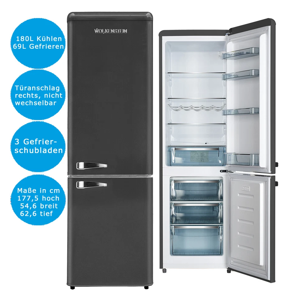 Wolkenstein Retro Kühl-Gefrierkombination Schwarz 249L 55cm Breit Kühlschrank - Bild 1 von 4