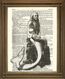 MERMAID MOTHER & BABY PRINT: Vintage Dictionary Page Art, Bedroom Wall Hanging - Picture 1 of 1