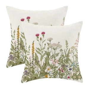 Sage Green Pillow Covers 16x16 Inch Set of 2, Spring Wildflower Plant Throw P... - Picture 1 of 7