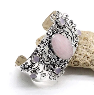 Brazalete brazalete de plata esterlina 925 con piedras preciosas de cuarzo rosa hecho a mano joyería tamaño-ADJ Foto 1 de 4