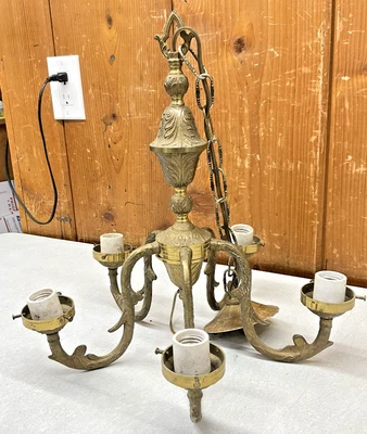 Antique Art Deco Nouveau Brass 5 Arm Hanging Ornate Light Fixture Chandelier VTG - Image 1 of 4