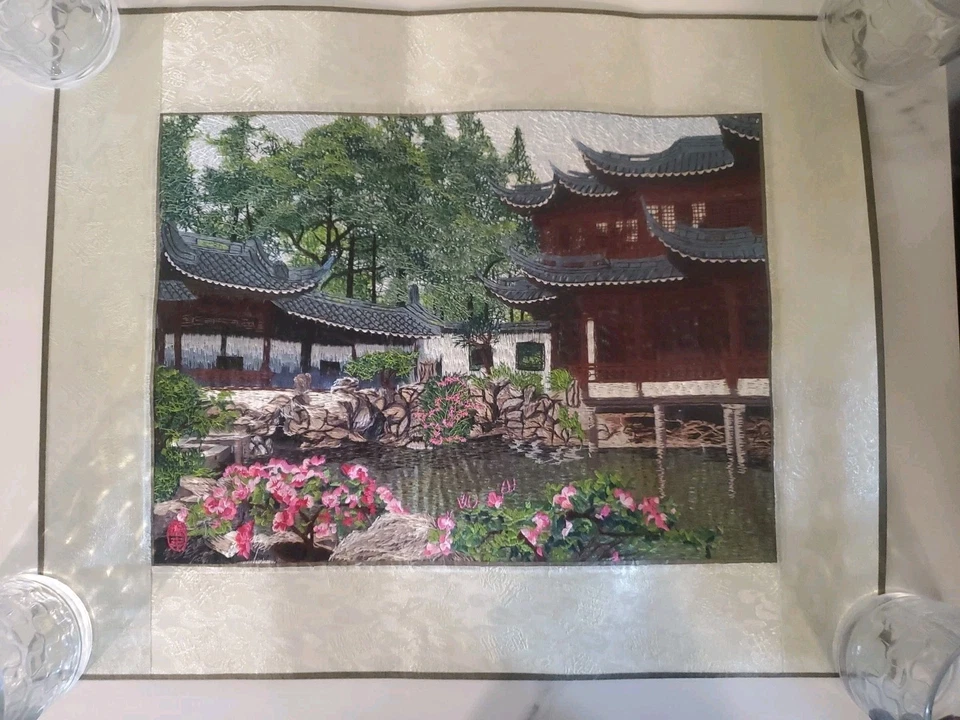 Vintage Chinese Silk Art Thread Embroidered Needlework Asian Landscape Pagoda 2 - Image 1 of 4