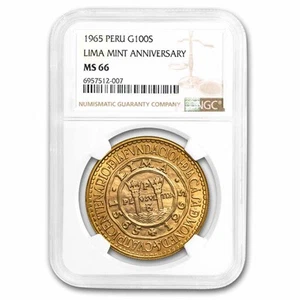 1965 Peru Gold 100 Soles 400th Anniversary of Lima Mint MS-66 NGC - Picture 1 of 3