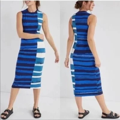 Vestido Corey Lynn Calter XS Midi a Rayas Sin Mangas Azul Turquesa Anthropologie Foto 1 de 4