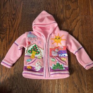Child's Arpillera Handmade Peruvian Sweater Hooded Pink Size 3-6 Months