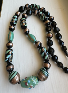 Vintage  Edwardian Age Black And Turquoise Blue/Green Glass Bead Necklaces