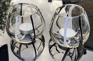 Royal Limited Crystal Tealight Candle Holders Black White Stripes Mouth Blown X2
