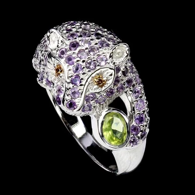 925 Sterling Silver Ring Oval Peridot Rhodolite Sapphire Gemstone Tiger Jewelry - Image 1 of 4
