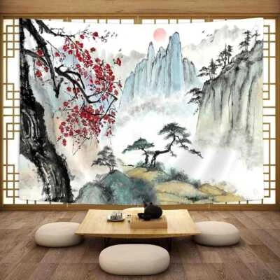 Japón Tinta Paisaje Extra Grande Tapiz Colgante de Pared Carteles Dibujo de Fondo Foto 1 de 4