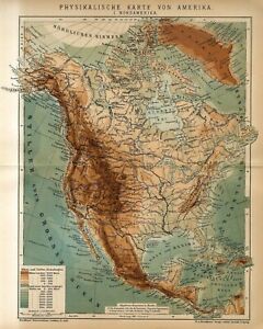 1904 PHYSICAL MAP OF AMERICA NORTH AMERICA  Antique Map dated