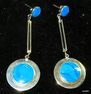 Vintage Modern Art Sterling Silver & Turquoise 3” Dangle Pierced Earrings - Picture 1 of 2