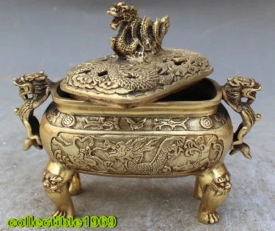 Chinese Old Bronze Dragon Dragons Fu Foo Dogs Lion Incense Burners Censer Marked - Image 1 of 4
