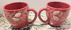 2 Bath & Body Works Pine Cone Mug 3D/Embossed Red Ceramic 16 oz. Coffee Tea - Picture 1 of 9