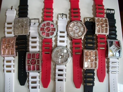 Men Silver, Rose Gold Red, Gold Finish White, Black Silicone Band Hip Hop Watch - Image 1 of 4