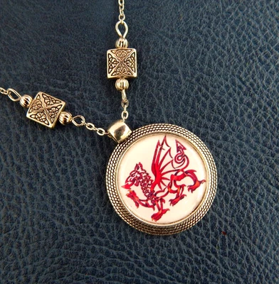 Dragon Necklace Pendant Silver Welsh Dragon Jewelry Handmade Fashion Chain Red - Image 1 of 4