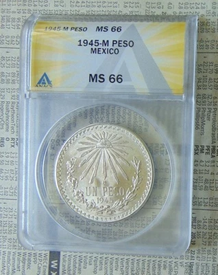 MONEDA PESO PLATA .720 MÉXICO ANACS MS66 1945-M Foto 1 de 2