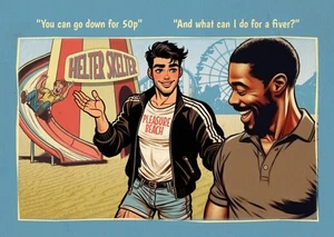 Gay postcard inspired by vintage British saucy seaside humour: Going Down - Picture 1 of 2