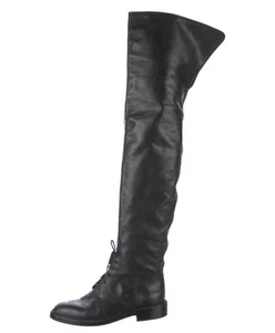 Chanel Black Leather Over The Knee Boots CC Logo 38.5 IT - Picture 1 of 17