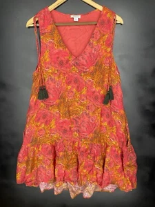 Sundance Large Sleeveless Boho Dress Red Orange Floral Tassel V-Neck Tiered Cute - Picture 1 of 9