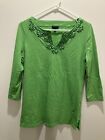 Talbots Size Medium Green Shirt With Beads And Ribbons V Neck 3/4 Length Sleeve