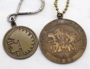 2 Vintage Key Chains Bronze Brass Mutual of Omaha South Gate California 50 Years - Picture 1 of 7