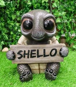 Large Baby Turtle Holding "Shello" Sign Statue 13"Tall Whimsical Welcome Greeter - Picture 1 of 8