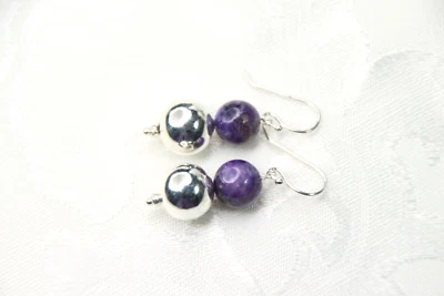 Pendientes Sugilite púrpura 8 mm bola piedras preciosas naturales plata de ley 925 1/4" Foto 1 de 4