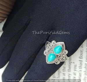 Anillo minimalista de piedras preciosas turquesa/anillo hecho a mano enchapado en ley 925/regalo amor~ - Imagen 1 de 6