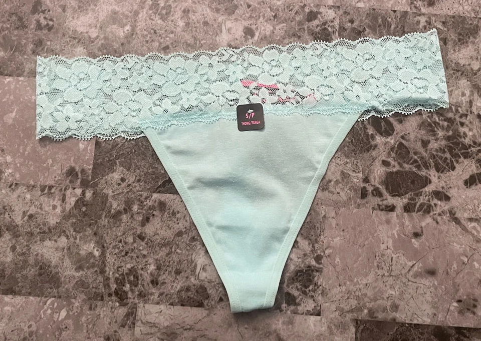 NWT LA SENZA SMALL AQUA GREEN COTTON BLEND FLORAL LACE BAND THONG PANTIES - Image 1 of 3