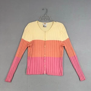 Vintage Talbots Cardigan Womens Large Petite Yellow Pink Orange Ribbed Full Zip - Picture 1 of 12
