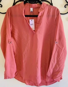 CHOLES LACHSFARBEN koralle transparent HI-LOW GEROLLTE RIEGELÄRMEL SHIRT OBERTEIL BLUSE Large neu - Bild 1 von 5