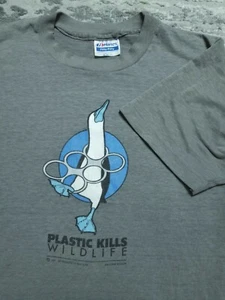 Vintage Plastic Kills T Shirt Adult Medium 87 Wildlife Earth Day Recycle Animal - Picture 1 of 9