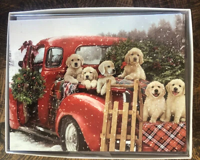 12 CHRISTMAS Leanin Tree Cards Box Set, CUTE YELLOW LAB PUPPIES IN OLD RED TRUCK - Image 1 of 2
