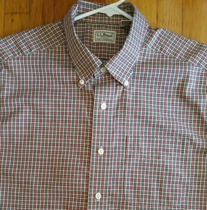 LL Bean Men's size LG Button Up Long Sleeve Red Brown Plaid 100% Cotton Shirt - Picture 1 of 9