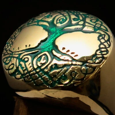 TREE OF LIFE RING, DOMED MENS BRASS COSTUME RING TREE OF LIFE SYMBOL GREEN SZE 8 - Image 1 of 4