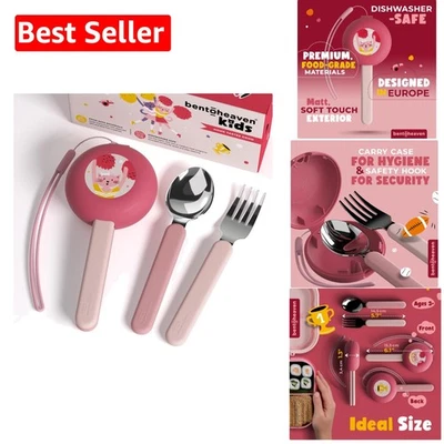 Juego de cubiertos reutilizables para niños - Tenedor y cuchara portátil en estuche de transporte rosa Foto 1 de 4